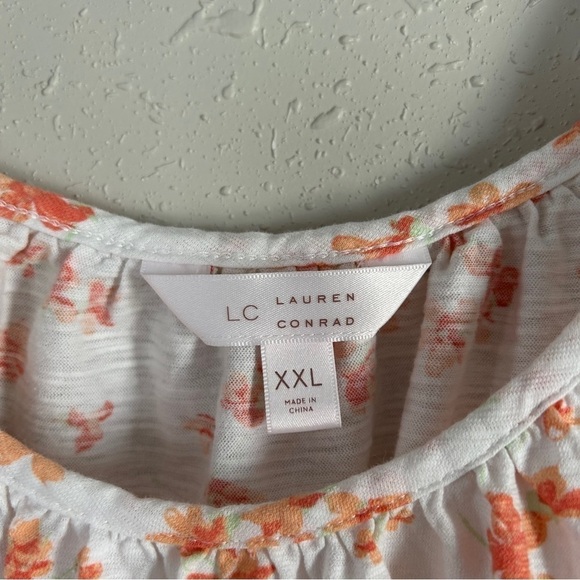 🦋 LC Lauren Conrad White Orange Floral Short Sleeve Blouse Spring Casual XXL - Picture 3 of 8